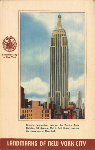 Landmarks Of York City Empire State Building Vintage Postcard H10