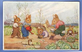 Old Vintage Postcard Artist Signed Margaret Tempest Rabbits In The Garden