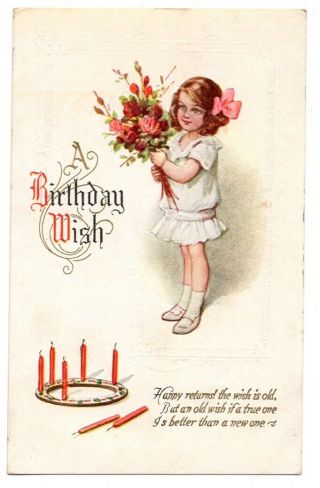 092720 Vintage Birthday Greetings Postcard Little Girl With Bouquet And Candles