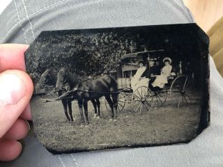 Rare Tintype Victorian Era Photo Of 3 Folks In A Horse Carriage Outdoors