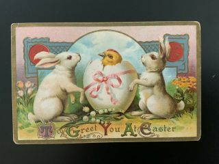 Vintage Postcard,  To Greet You At Easter,  Two Rabbits & Chick In Shell W/ Ribbon