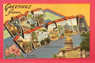 Old Postcard 1930s Greetings From West Virginia Charleston Large Letter Linen B1