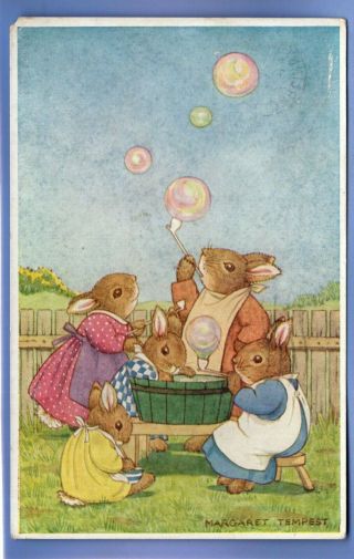 Old Vintage 1941 Postcard Artist Signed Margaret Tempest Rabbits Blowing Bubbles