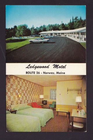 Old Vintage Postcard Of Ledgewood Motel Route 26 Norway Maine Me Old Car