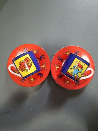 Keith Haring Man Radiant Baby & Fly Devil Ceramic Espresso Cup Set Of 2 Rare