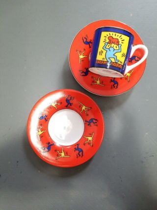 Keith Haring Man Radiant Baby & Fly Devil Ceramic Espresso Cup Set of 2 RARE 2