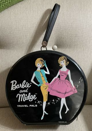 Vtg Barbie And Midge Round Black Carry Case Doll Travel Pal Hat Box 1963 Rare