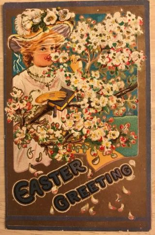 Vintage Postcard Easter Woman Bonnet Flowers “easter Lily Series” Embossed 1900s