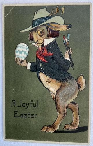 Antique Vintage Easter German Postcard Rabbit Bunny Dressed Gent Egg Embossed