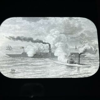 Vtg Magic Lantern Glass Slide Illustration Attack Of The Monitor 1862 Civil War
