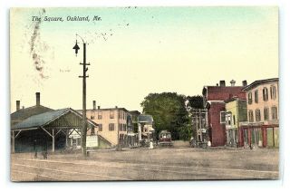 Vintage Postcard Hand Colored The Square And Trolley In Oakland Maine R1