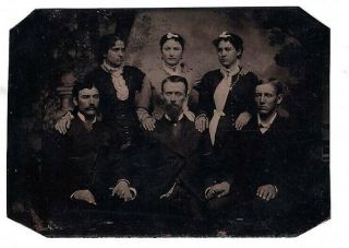 Antique Civil War Era Tintype 3 Women & 3 Men Holding Hands Pose