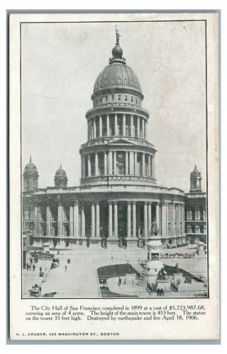 City Hall Of San Francisco Ca 1899 - 1906 Destroyed In Earthquake Vintage Postcard