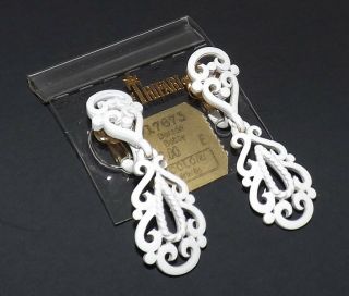 Crown Trifari White Enamel Clip On Dangle Earrings NOS on Card Vintage RARE 2