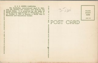 Uss North Carolina Battleship U.  S.  Navy Vintage 1963 Postcard - Unposted