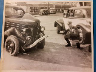 Vintage 1939 Photo Of Police Officer Cop With Camera At Car Accident Crash Scene