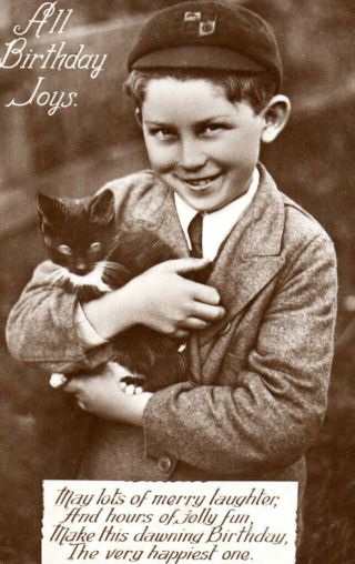 Vintage Birthday Greeting Postcard: Little Boy & Kitten Cat