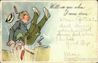 Comic 1907 Will See You When I Come Down Antique Postcard 1c Stamp Vintage