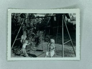 Three Children Playing On Swing Set Kids Vintage B&w Photograph 3.  5 X 5