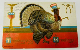 Vintage 1910 Embossed Thanksgiving Greetings Patriotic Turkey Post Card