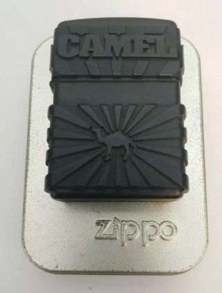 Vintage 1998 XIV Camel Black Rubber Double Sided Zippo Lighter in Tin RARE 2