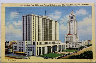 California Ca Los Angeles City Hall Post Office Federal Building Postcard Old Pc
