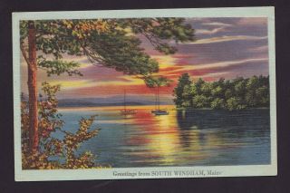Old Vintage 1949 Postcard Of Greetings From South Windham Maine Sunset