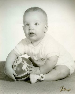 Bt190 Vtg Photo Bright Eyed Baby With Ball,  Bells On Shoes C 1961