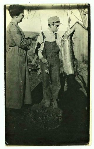 Young Fishermn Boy W/ Columbia River Chinook Salmon Catch 1900 