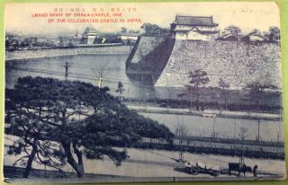Grand Sight Osaka Castle Japan 1928 Vintage Postcard Ox & Wagon