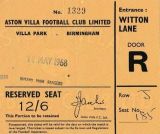 Rare Football Ticket Aston Villa V Queen 