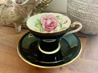 Rare Aynsley Cup And Saucer With Cabbage Rose In Black,  Vintage Bone China