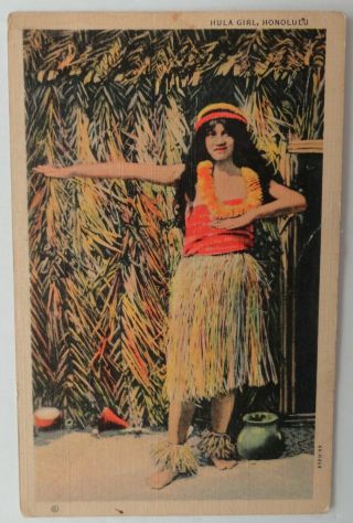 Vintage Linen Curteich Unposted Hula Girl Honolulu Postcard