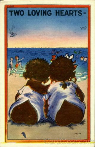 Black Two Loveing Hearts Asheville Post Card Co.  Linen Postcard Vintage