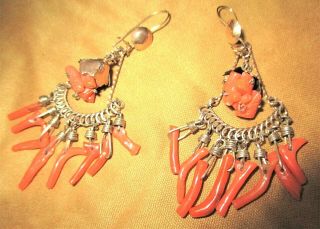 Rare Vintage Gold Tone & Coral Branch Chandelier Pierced Earrings,  2 - 3/4 ",  Euc