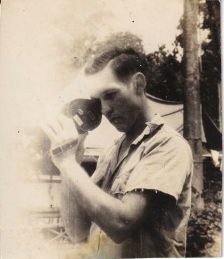Wwii Military Snapshot Photo Navy Photographer In Action W/ Camera Pacific Area