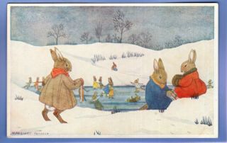 Vintage Postcard Artist Signed Margaret Tempest Rabbits Skating Fun On The Ice
