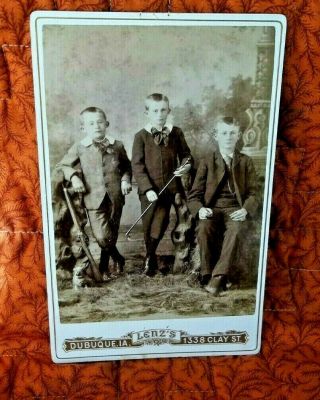 Vintage Large Cabinet Card Of Boys With Gun And Ramrod & Dog Statue,  Dubuque,  Iowa