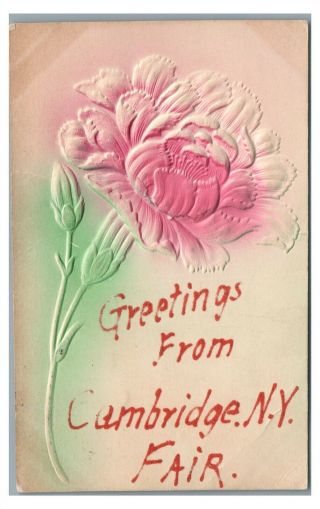 Embossed Flower Glitter Greetings From Cambridge Ny Fair Vintage Postcard