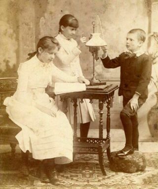Rare Antique Cabinet Photo Victorian Children In Parlor W Lamp Book Table