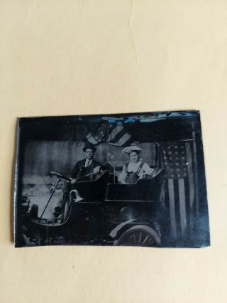 Late 1800s Tintype Photo Man Women In Automobile & American Flag