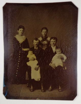 Large Circa 1880 Tintype – 2 Young Families With 2 Infants - 5 3/4 By 7 1/2 In