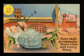 Comic Vintage Linen Postcard Artist Signed Wellman Couple Hotel Palooka