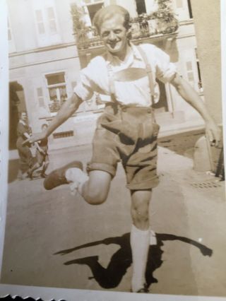 Vintage Photo Snapshot Man Dancing In Street Wearing Shorts Lederhosen Funny