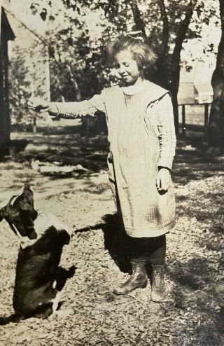 Antique 1920s Photograph Young Girl Training Family Dog Snapshot (65)