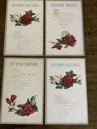 4 Vintage Birthday Greetings Postcards Red & White Roses Flowers Series 178 1/2