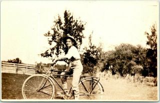 Vintage Rppc Photo Postcard Boy On Bicycle / Location Unknown C1920s