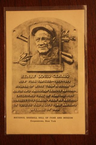 Vintage Lou Gehrig Postcard Hall Of Fame Plaque