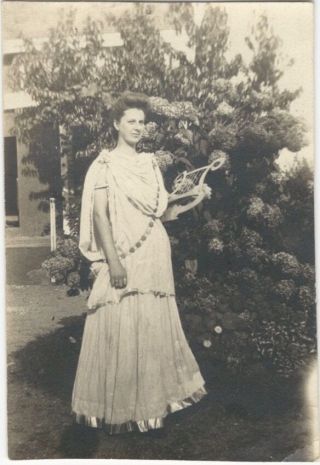 1920s Snapshot Of A Pretty Young Woman Dressed As Greek Poet With Lyre