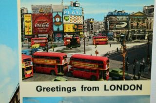C1960s Greetings From London Red Buses Tower Vintage John Hinde Postcard